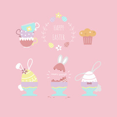 happy easter festival with animal pet bunny rabbit and egg, pastel color, flat vector illustration cartoon character