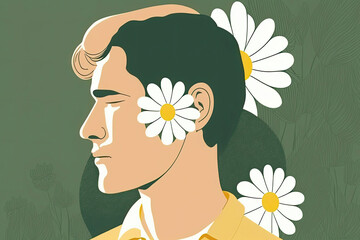 Young boy with a daisy flower behind the ear. Generative AI
