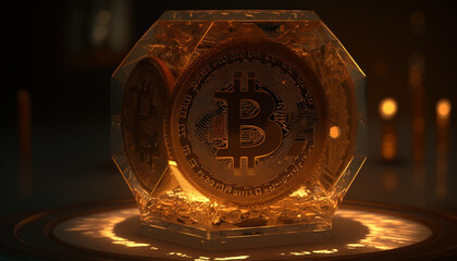 Bitcoin 3D Golden Coin and Blockchain Vector Images with Crypto and Digital Currency. Three Dimensional Bitcoins and Bitcoin Blocks with Depth and High Shine. - obrazy, fototapety, plakaty