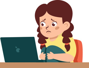 Flat vector illustration. The concept of dangerous materials for children on the Internet. A Little frightened girl looks at the monitor screen 
