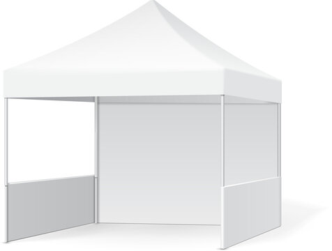 Mockup Promotional Advertising Outdoor Event Trade Show Pop-Up Tent Mobile Marquee. Illustration Isolated On White Background. Mock Up Template Ready For Your Design. Vector EPS10