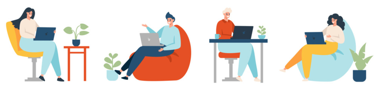 Set of flat vector illustrations. People working at the computer at home. The concept of working remotely. Girls and men working at a laptop 