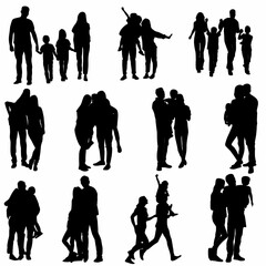 
set of family silhouettes with children, white background
