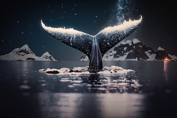 A whale tail breaching the surface of the sea, night sky above iceberg in the distance. Generative AI.
