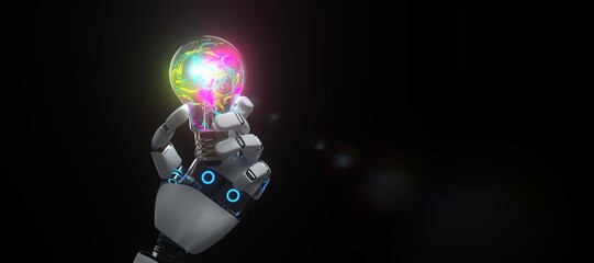 Roboter Hand mit einer bunten Glühbirne. Konzept KI Kreativität - obrazy, fototapety, plakaty