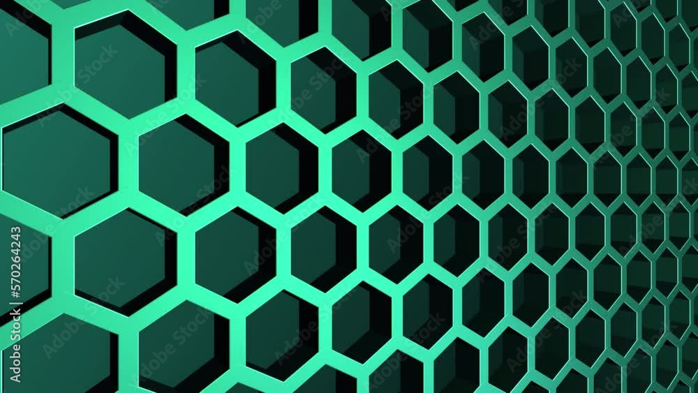 Poster abstract dark metal hexagonal grid background animation. looped seamless motion design, green colors