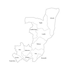 Republic of the Congo political map of administrative divisions - departments. Handdrawn doodle style map with black outline borders and name labels.