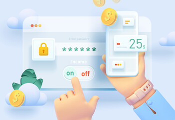 Money transfer protection system. Online payment. Transferring money from a mobile device. Mobile device with money transfer payment system interface. Vector illustration in 3d style