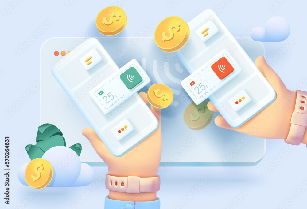 Poster online payment. transferring money from a mobile device. mobile device with the interface of the pay