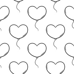 hand drawn seamless pattern of heart shaped balloons on a white background