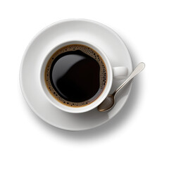 white coffee cup / mug with hot black coffee, isolated design element, top view / flat lay