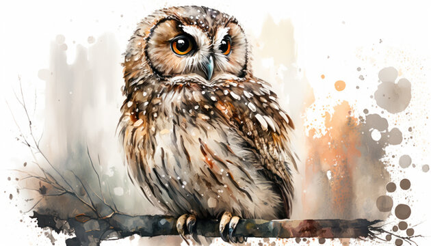 Little Cute Owl watercolor paint art on white. Generative AI