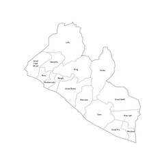 Liberia political map of administrative divisions - counties. Handdrawn doodle style map with black outline borders and name labels.