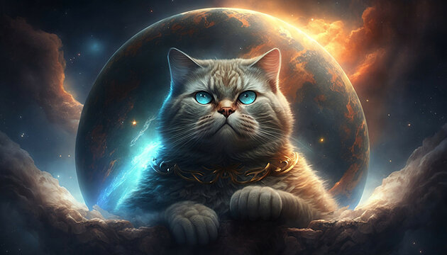universe cat on planet, new quality colorful stock image illustration design, Generative AI  