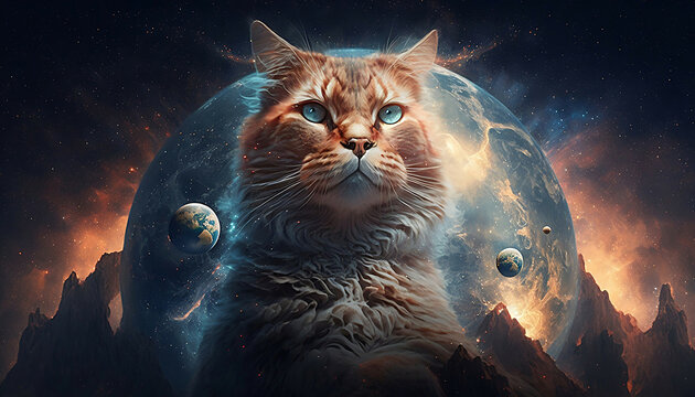 universe cat on planet, new quality colorful stock image illustration design, Generative AI  