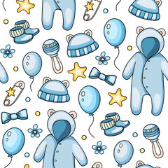 Seamless pattern with blue baby clothes
