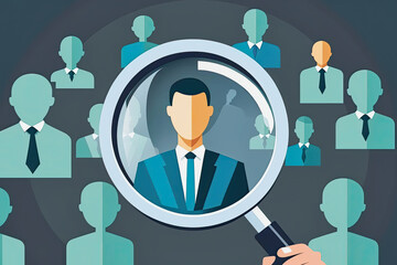 ai generative illustration of a manager in business outfit in a magnifying glass as concept for human resource management