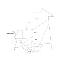 Mauritania political map of administrative divisions - regions and Nouakchott departments. Handdrawn doodle style map with black outline borders and name labels.
