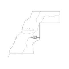 Western map of land divided between Morocco and Sahrawi Arab Democratic Republic by Moroccan Western Sahara Wall. Handdrawn doodle style map with black outline borders and name labels.