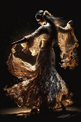 Fototapeta na wymiar Portrait of Beautiful Young Woman Dancing Flamenco, Flamenco dancer Illustration, Feria performance, Generative AI