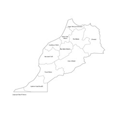 Morocco political map of administrative divisions - regions. Handdrawn doodle style map with black outline borders and name labels.