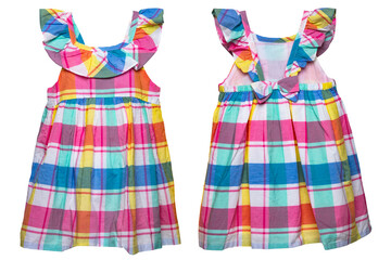 Summer dress isolated. Closeup of a colorful checkered sleeveless baby girl dress isolated on a white background. Children spring fashion. Front and back view.