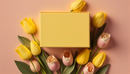 Top view of bouquet of yellow tulips with gift box, Ai generated, happy women's day, holiday, 
