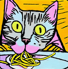 cute cat with spaghetti ramen noodles in pop art style painting - new quality creative stock image cat art illustration design