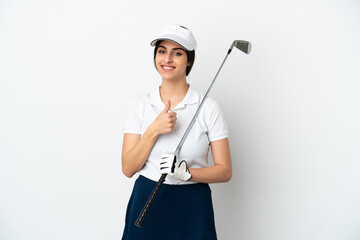 Handsome young golfer player woman isolated on white background giving a thumbs up gesture