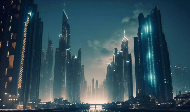 Futuristic cityscape with advanced technology and towering skyscrapers © Nilima