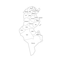 Tunisia political map of administrative divisions - governorates. Handdrawn doodle style map with black outline borders and name labels.