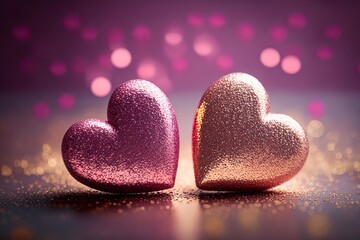 Fototapeta premium Two glitter hearts, on the table with golden powder, valentine's day