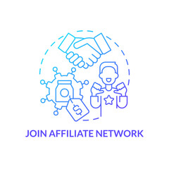 Join affiliate network blue gradient concept icon. Cooperation with partners. Become merchant abstract idea thin line illustration. Isolated outline drawing. Myriad Pro-Bold font used