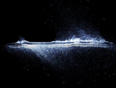 Abstract line exploding particles,  glowing lines of blue color on black background. motion waving dots texture with glowing defocused particles. Cyber or technology digital landscape background.