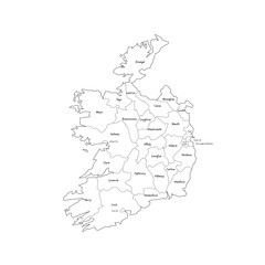 Ireland political map of administrative divisions - counties and cities. Handdrawn doodle style map with black outline borders and name labels.
