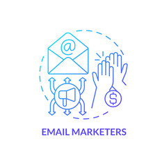 Email marketers blue gradient concept icon. Products promotion. Affiliate specialists type abstract idea thin line illustration. Isolated outline drawing. Myriad Pro-Bold font used