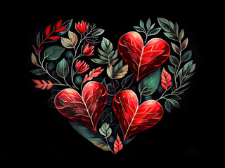 Romantic Valentine heart vignette made of hearts growing on twigs like flowers watercolor painting on black background generative AI art	
