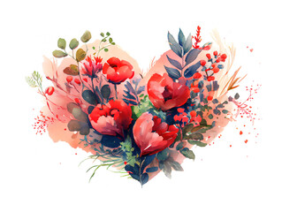 Romantic heart made of garden flowers, grasses and red tulips in artistic watercolor painting style generative AI art