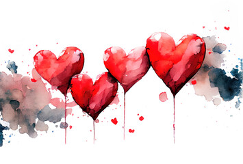 Watercolor grunge background with red painted hearts balloons with splashes of paint generative AI art Valentine watercolor illustration