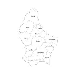 Luxembourg political map of administrative divisions - cantons. Handdrawn doodle style map with black outline borders and name labels.