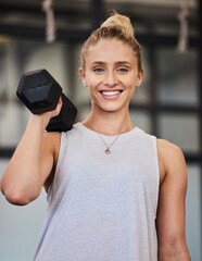 Happy woman, dumbbell and portrait of a athlete with a smile ready for training, exercise and...