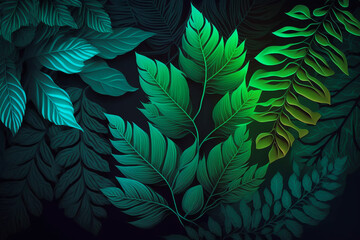 Plant leaves and weeds background texture for graphic design, neon glow