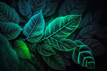 Plant leaves and weeds background texture for graphic design, neon glow