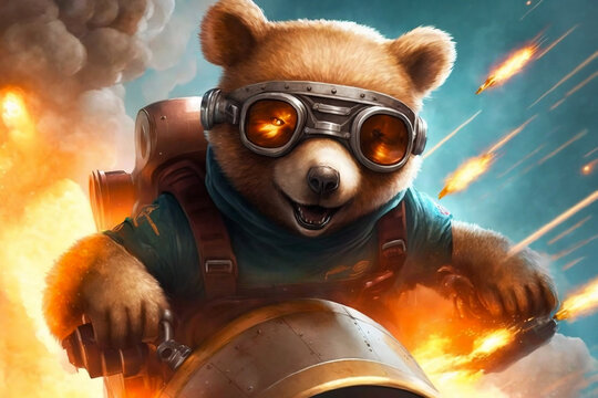 ourson avec lunettes d'aviateur qui chevauche une fus&eacute;e dans le ciel - illustration ia