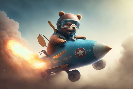 ourson avec lunettes d'aviateur qui chevauche une fus&eacute;e dans le ciel - illustration ia