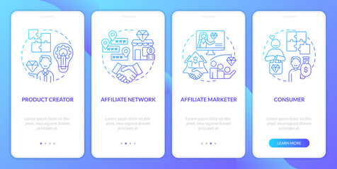 Parties in affiliate marketing blue gradient onboarding mobile app screen. Walkthrough 4 steps graphic instructions with linear concepts. UI, UX, GUI template. Myriad Pro-Bold, Regular fonts used