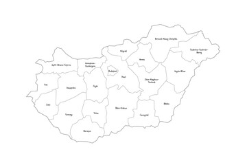 Hungary political map of administrative divisions - counties and autonomous city of Budapest. Handdrawn doodle style map with black outline borders and name labels.