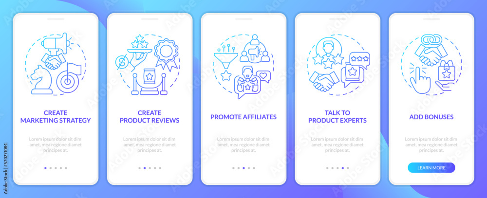 Poster begin affiliate program blue gradient onboarding mobile app screen. business walkthrough 5 steps gra