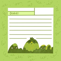 a green page with an image of mountains and hills for your notes, plans and reminders.. You can use it at school, at university and at work.