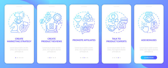 Begin affiliate program blue gradient onboarding mobile app screen. Business walkthrough 5 steps graphic instructions with linear concepts. UI, UX, GUI template. Myriad Pro-Bold, Regular fonts used